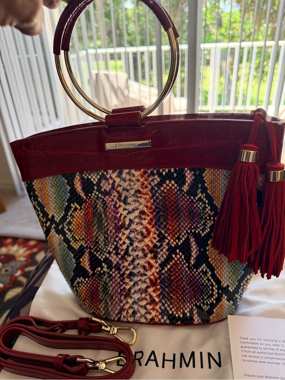 Brahmin Mod Bowie Ember Veracruz Red Multicolor Snakeskin-Print Ring Handle